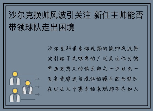 沙尔克换帅风波引关注 新任主帅能否带领球队走出困境