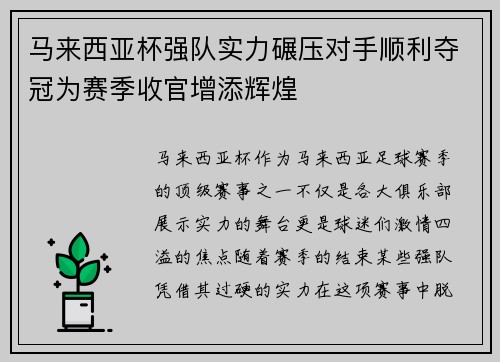 马来西亚杯强队实力碾压对手顺利夺冠为赛季收官增添辉煌