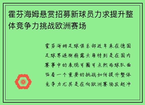 霍芬海姆悬赏招募新球员力求提升整体竞争力挑战欧洲赛场