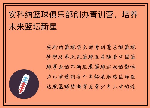 安科纳篮球俱乐部创办青训营，培养未来篮坛新星