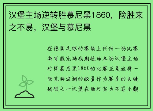 汉堡主场逆转胜慕尼黑1860，险胜来之不易，汉堡与慕尼黑
