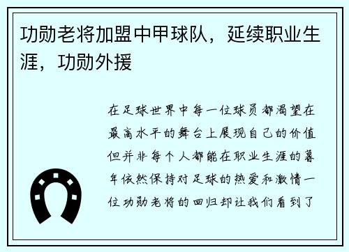 功勋老将加盟中甲球队，延续职业生涯，功勋外援