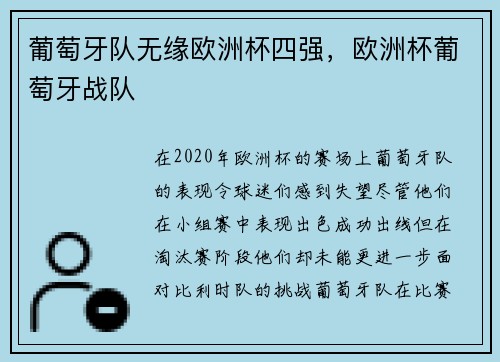 葡萄牙队无缘欧洲杯四强，欧洲杯葡萄牙战队