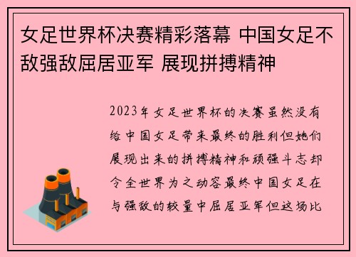 女足世界杯决赛精彩落幕 中国女足不敌强敌屈居亚军 展现拼搏精神