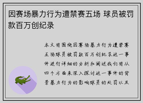 因赛场暴力行为遭禁赛五场 球员被罚款百万创纪录