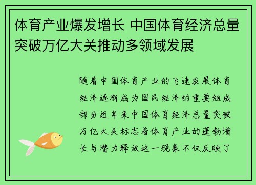 体育产业爆发增长 中国体育经济总量突破万亿大关推动多领域发展