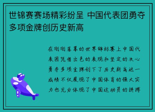 世锦赛赛场精彩纷呈 中国代表团勇夺多项金牌创历史新高