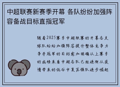 中超联赛新赛季开幕 各队纷纷加强阵容备战目标直指冠军